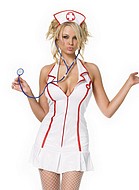 Nurse, costume dress, halterneck, pleats, front zipper, collar